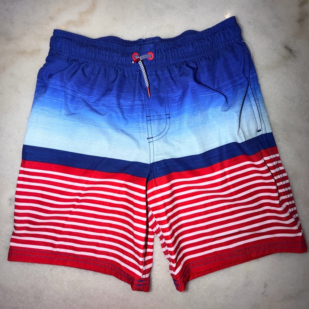 Blue and Red Striped Swim Shorts